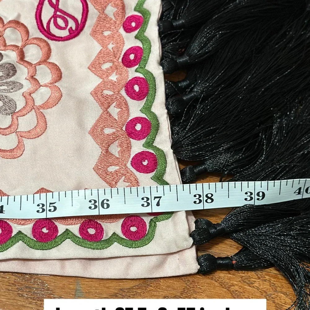 Temperley London Embroidered Floral Tassel Scarf Wrap Pink Black 75
